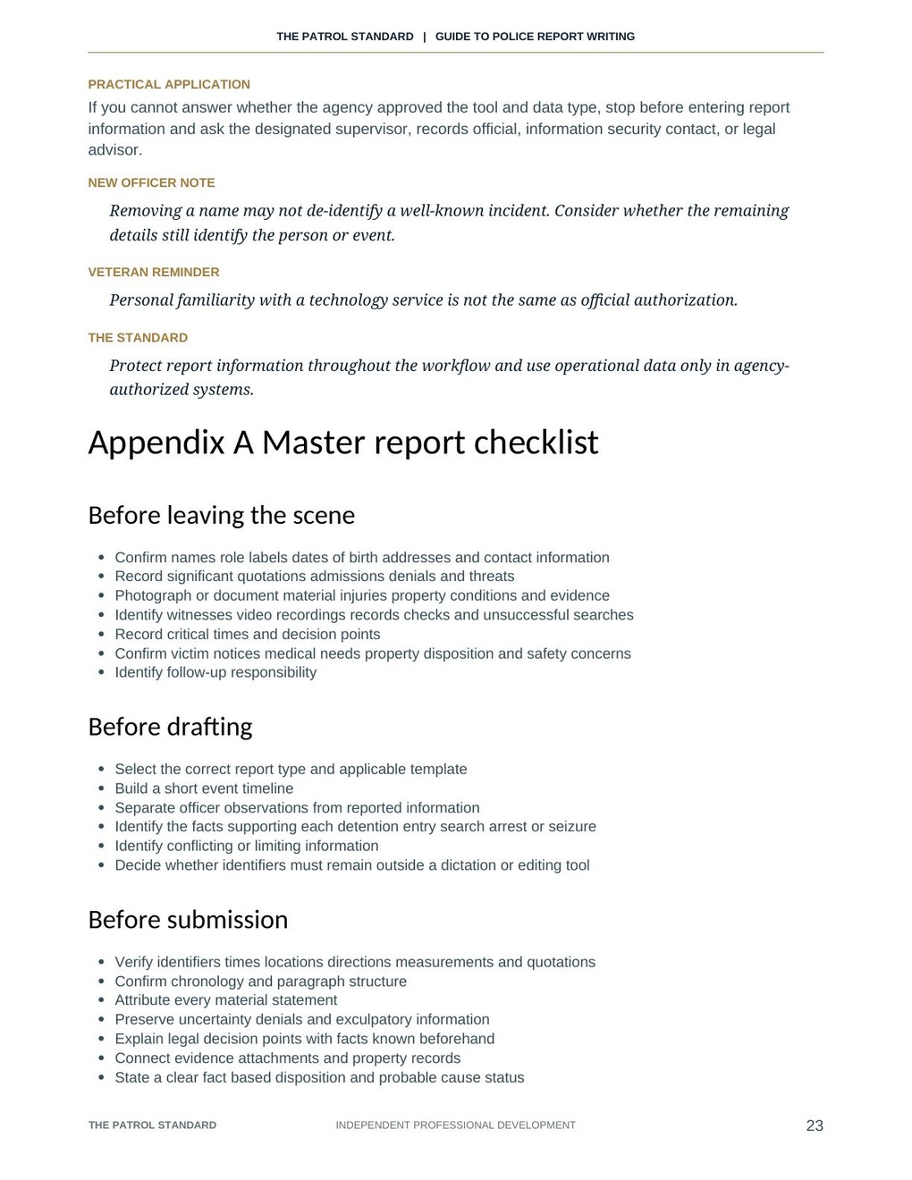 Master report checklist from The Patrol Standard Guide to Police Report Writing